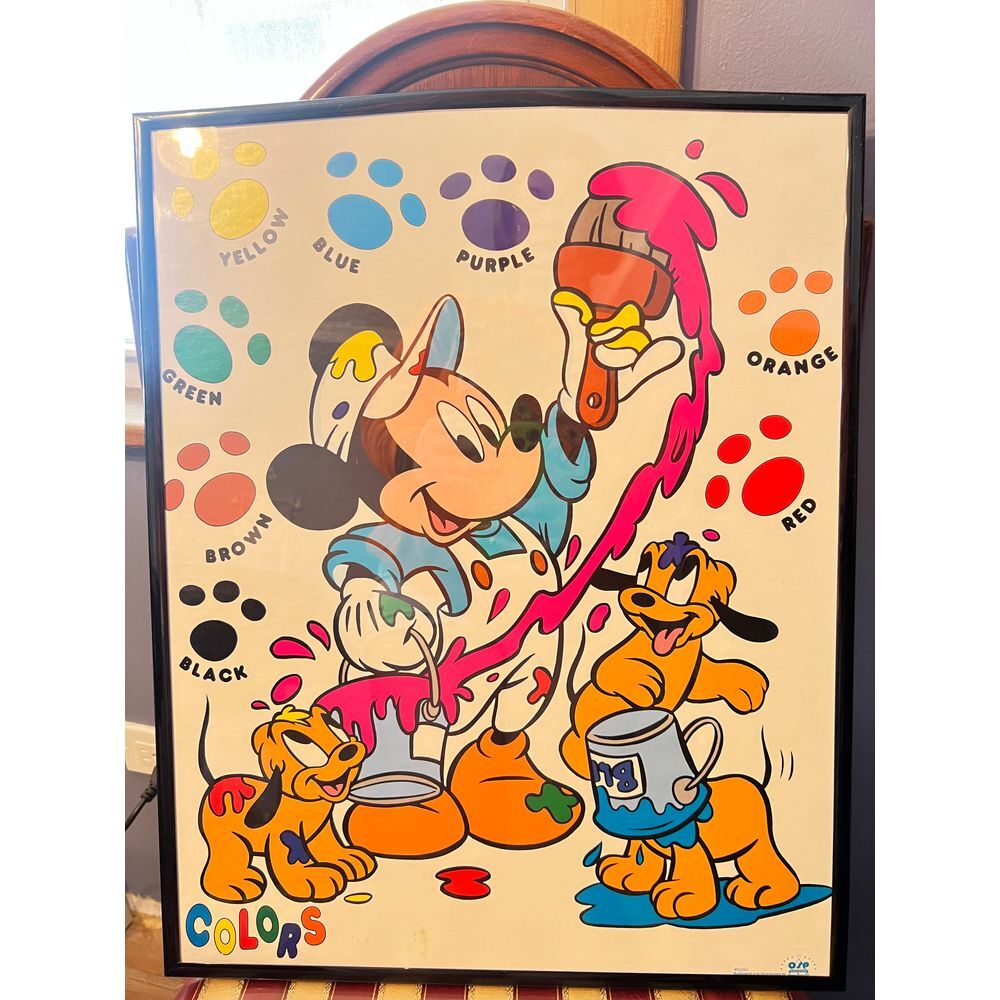 VTG Colors‎ Mickey Mouse + Baby Plutos Painting Framed Poster OSP Publishing 80s